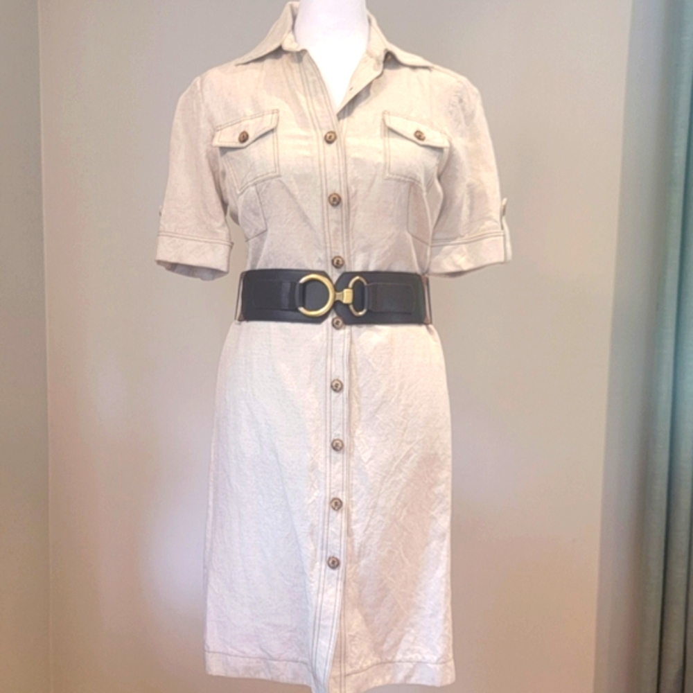 Tahari Cream Button-Up Dress with Black Accents